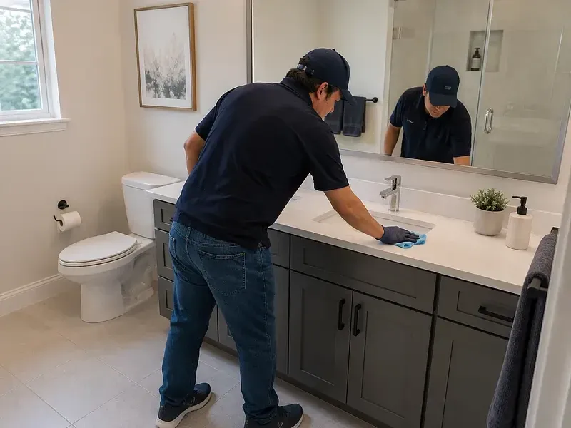 GoFlow team member cleaning a bathroom vanity in a home