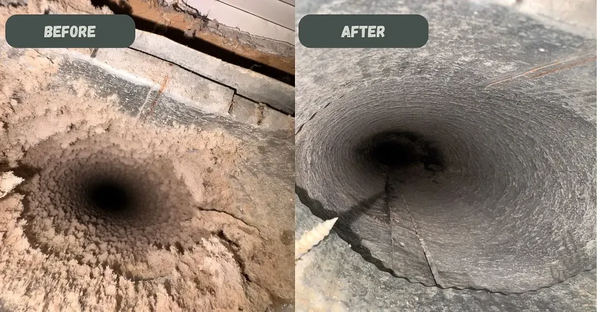Before-and-after photographs of dust removal inside an air duct