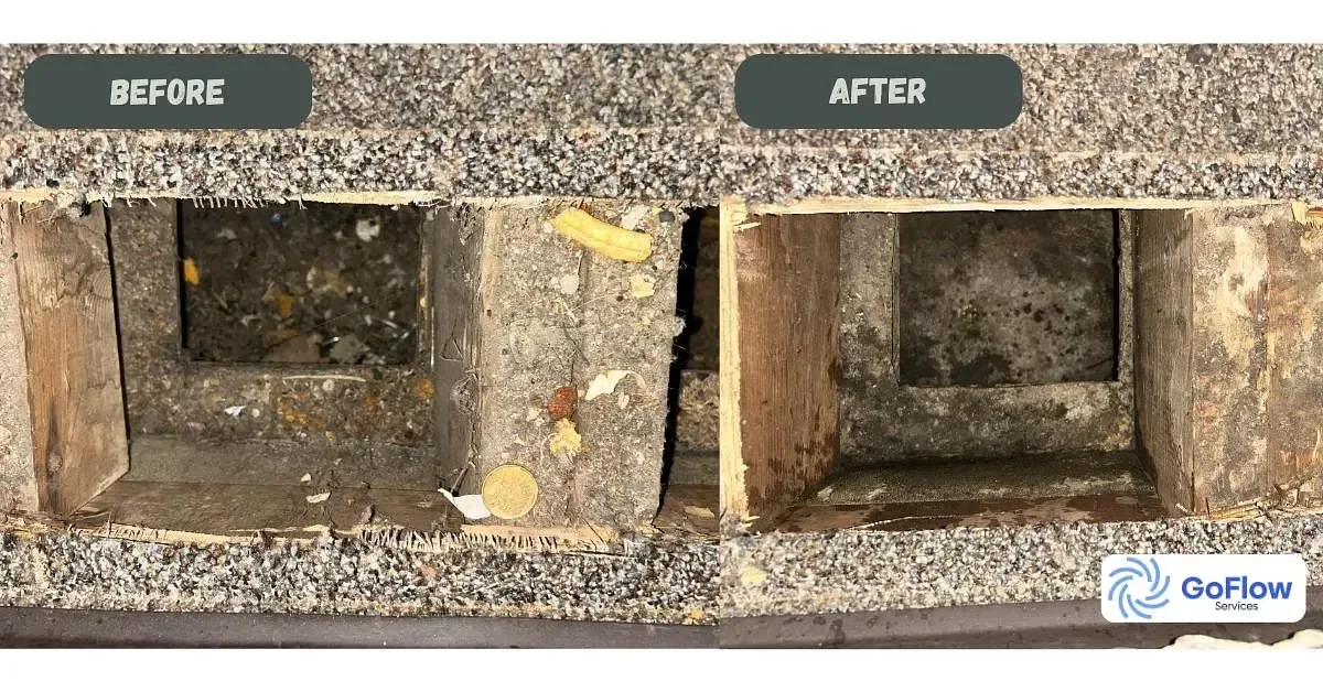 Before-and-after photographs of debris removal from a floor vent