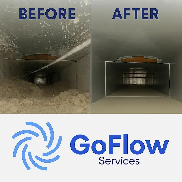 GoFlow before-and-after photos showing debris removed from rectangular ductwork